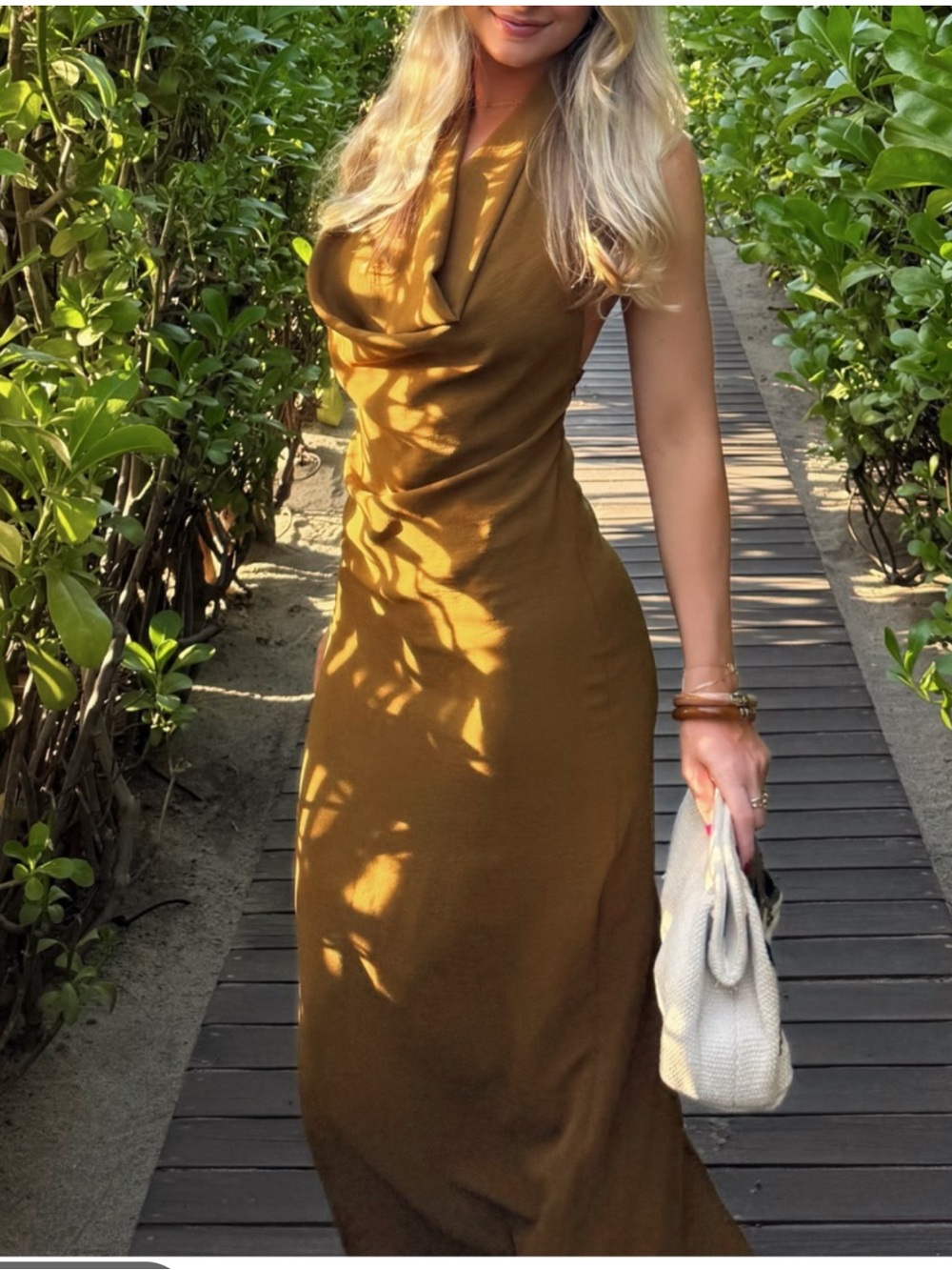 Zara Draped Cowl Maxi Dress in Olive Brown